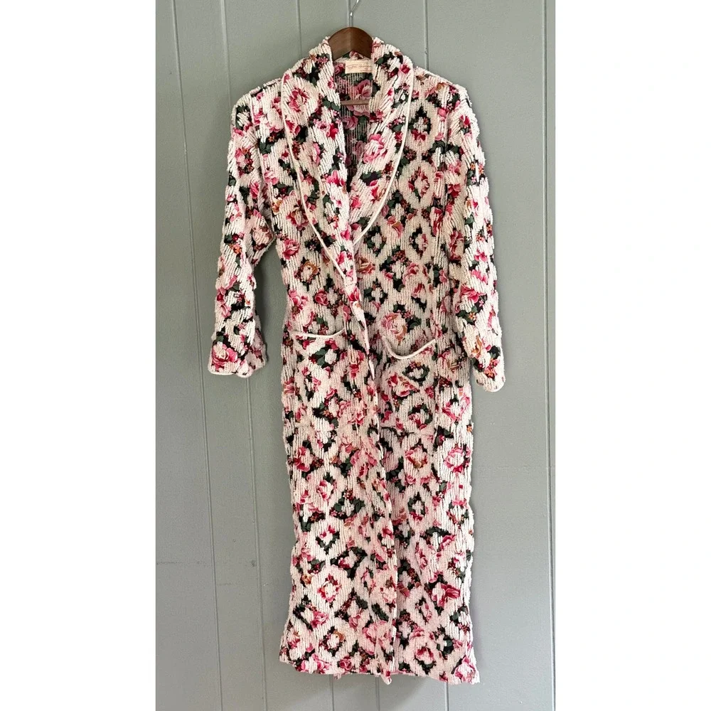 Vtg Stan Herman Herbcraft Chenille Floral Robe Housecoat Pink Rose Cottagecore
